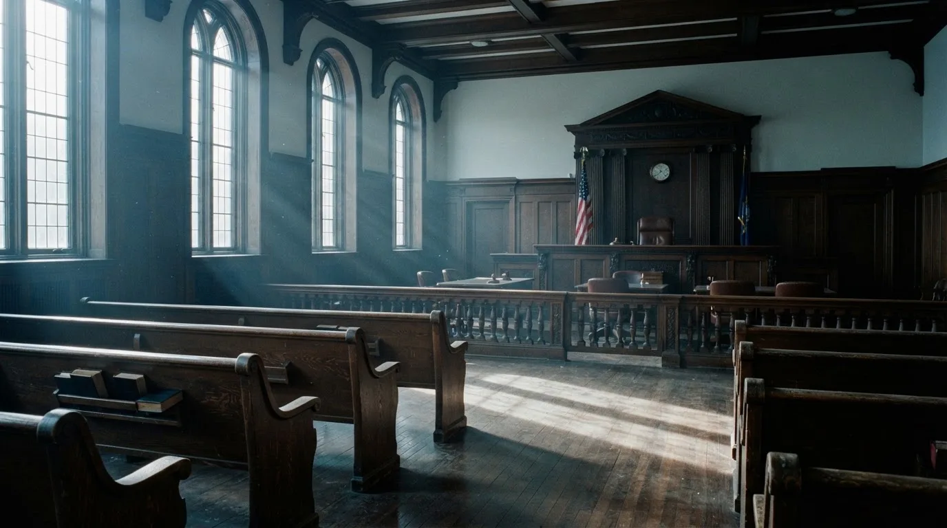 An empty courtroom with wooden benches in morning light