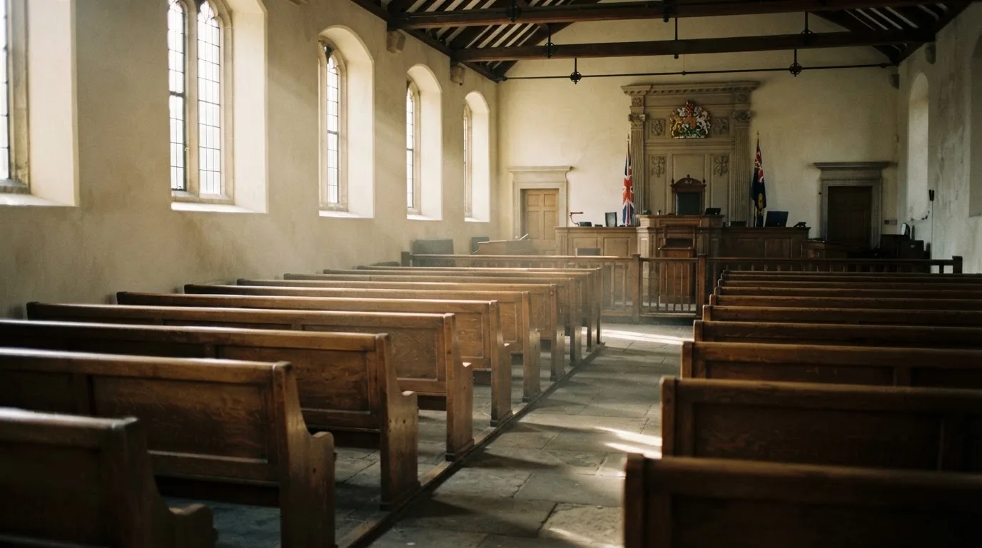 An empty courtroom with wooden benches in morning light