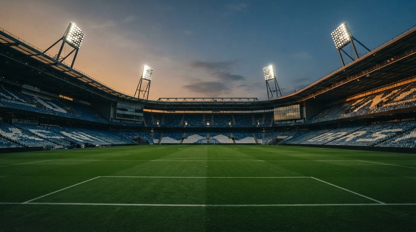 An empty football stadium with floodlight masts at dusk