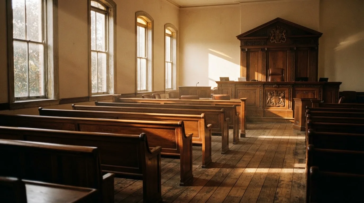 An empty courtroom with wooden benches in morning light