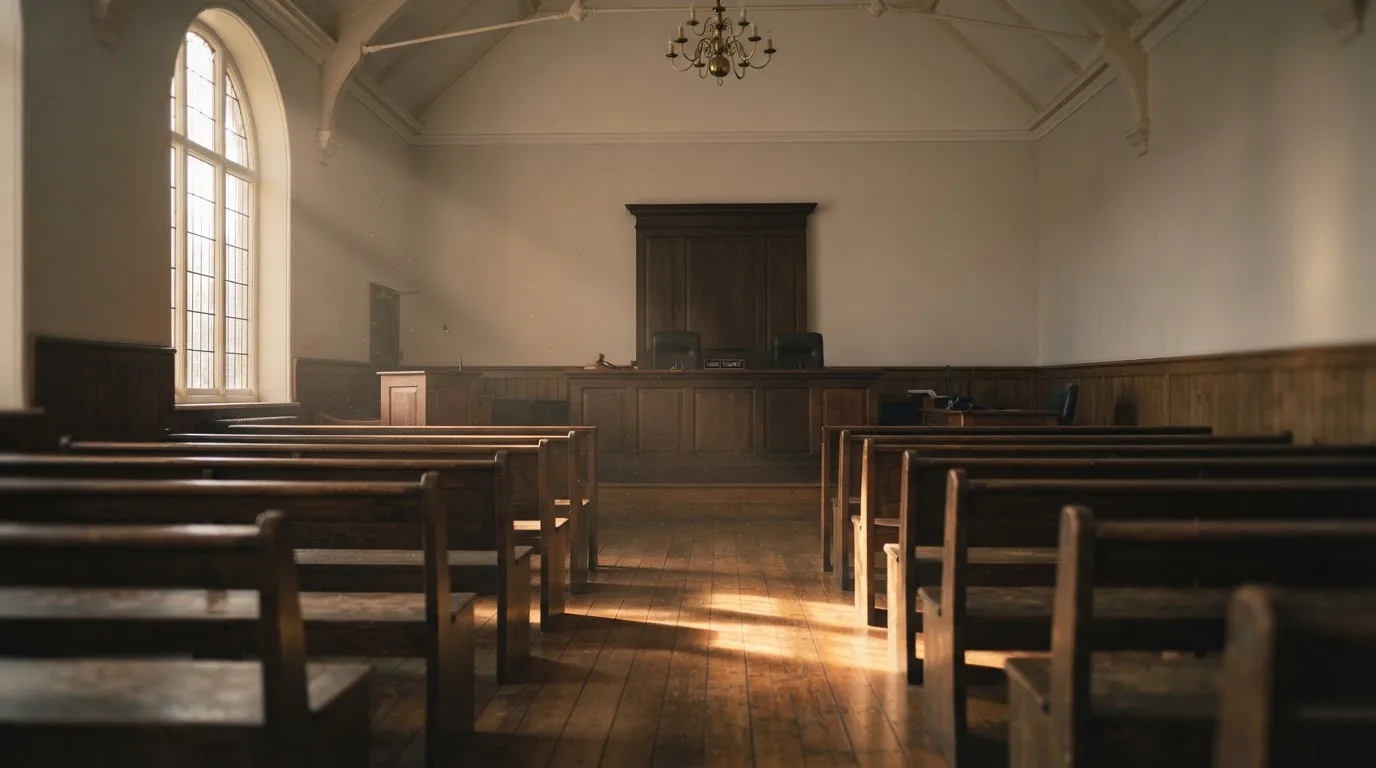 An empty courtroom with wooden benches in morning light