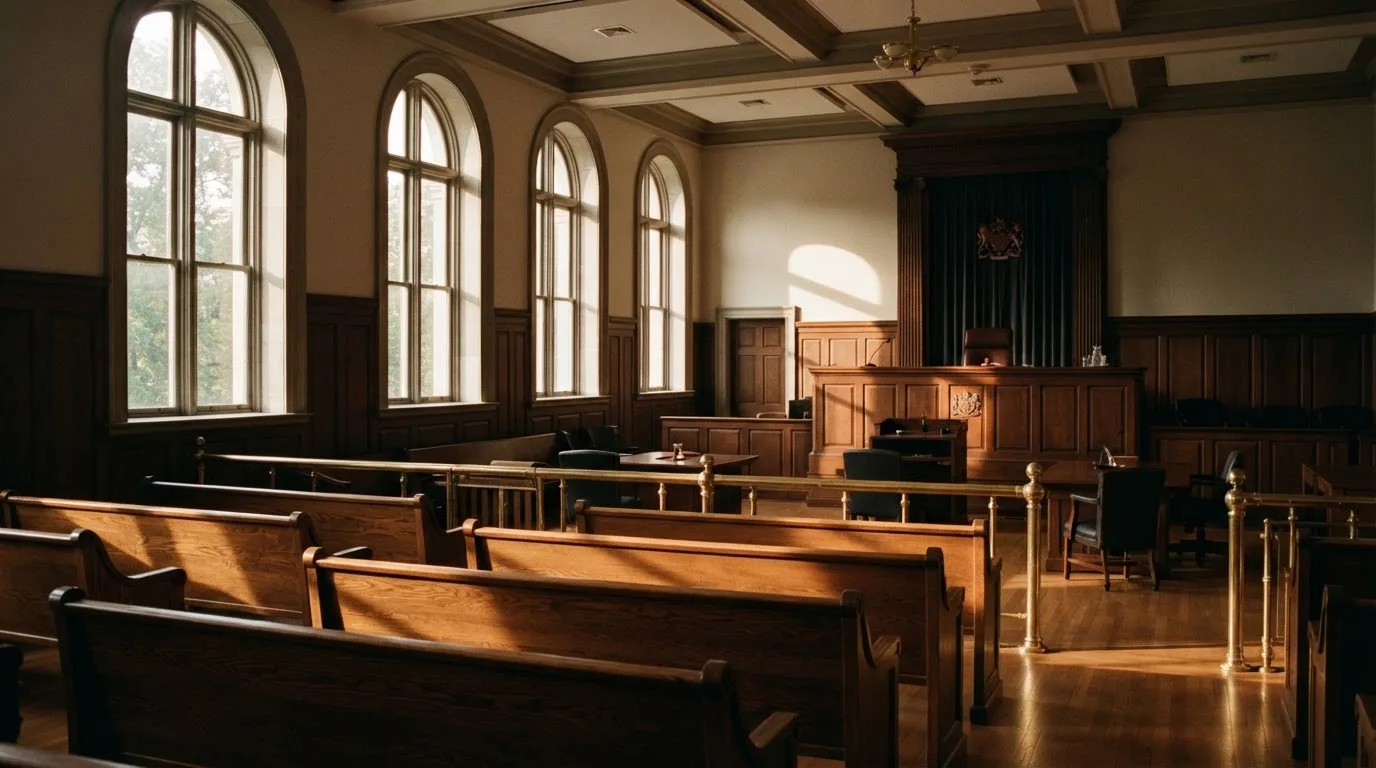 An empty courtroom with wooden benches in morning light