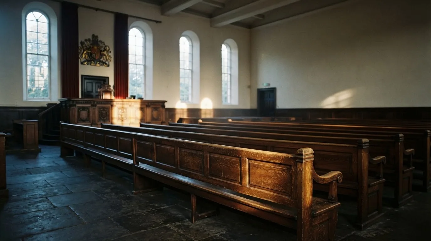 An empty courtroom with wooden benches in morning light