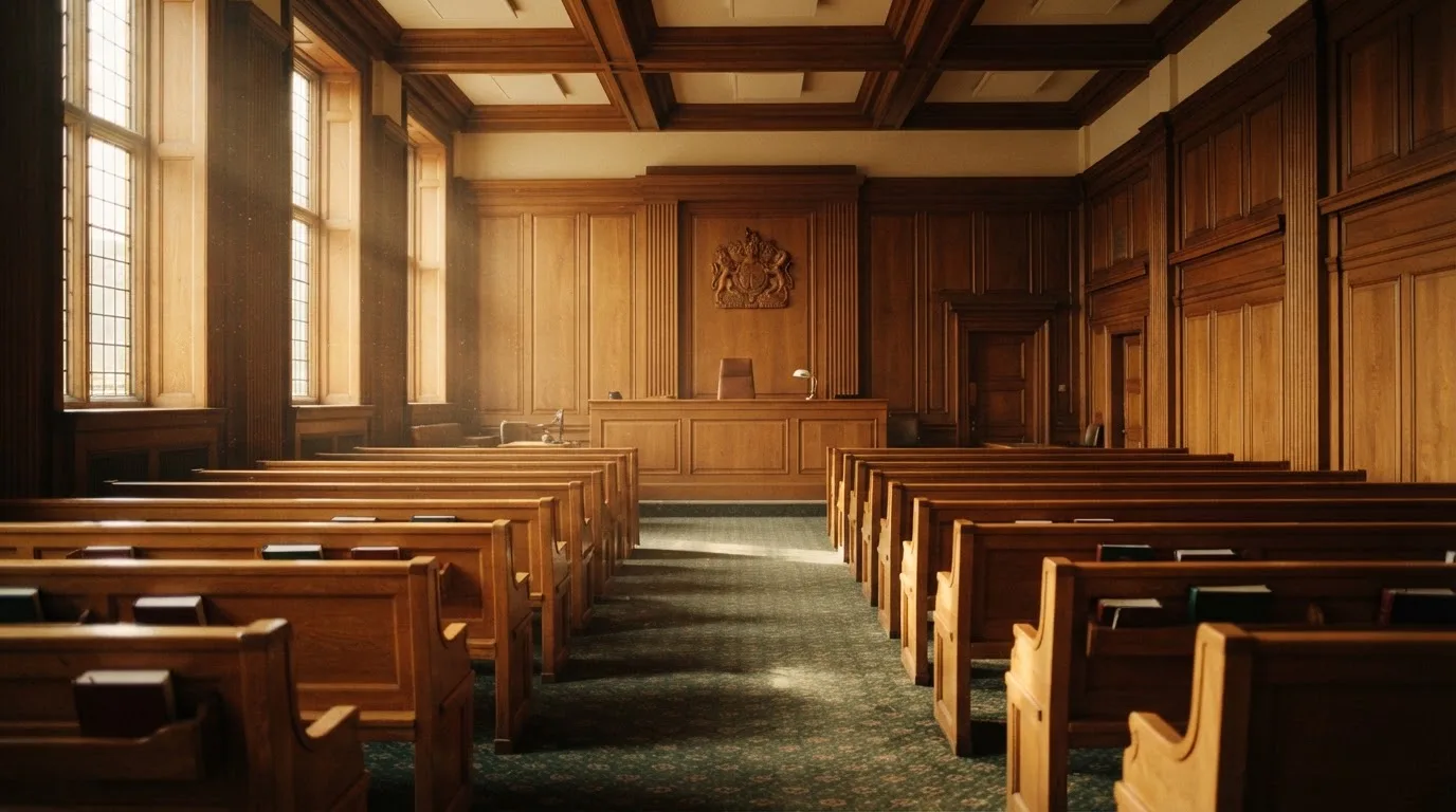 An empty courtroom with wooden benches in morning light