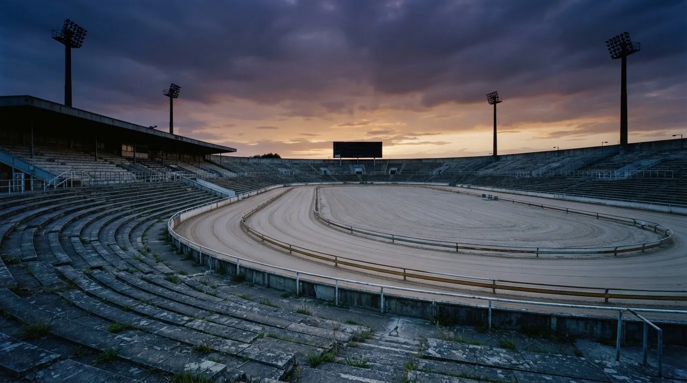 An empty football stadium with floodlight masts at dusk