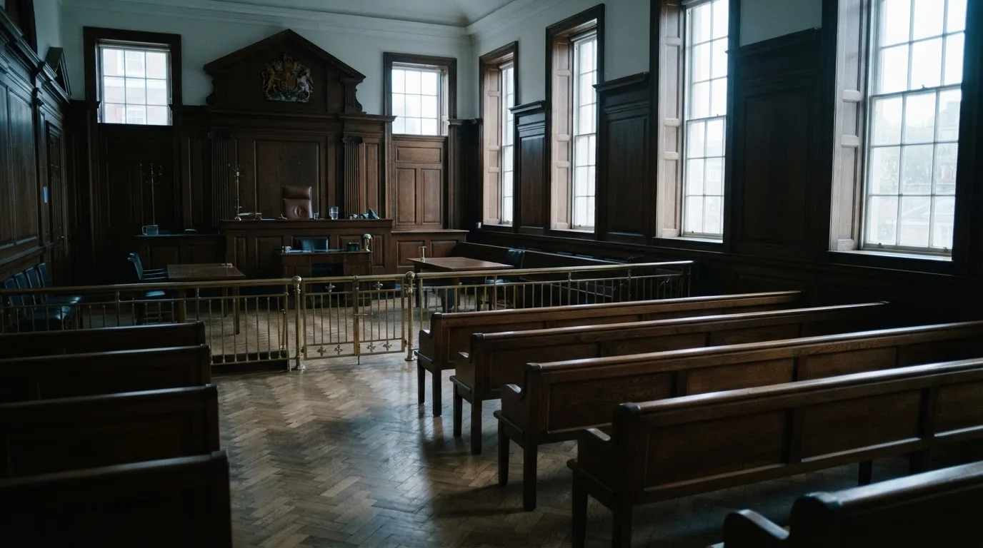 An empty courtroom with wooden benches in morning light