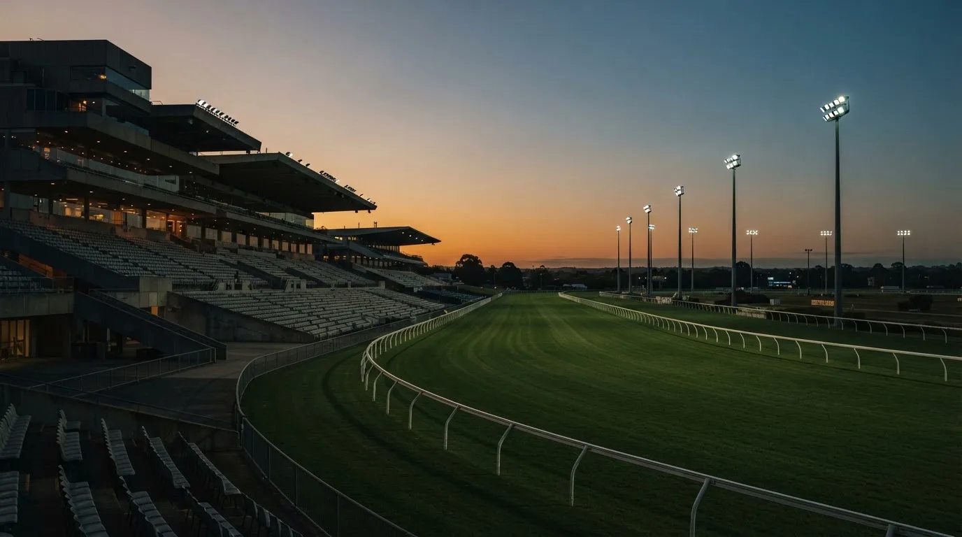 An empty football stadium with floodlight masts at dusk