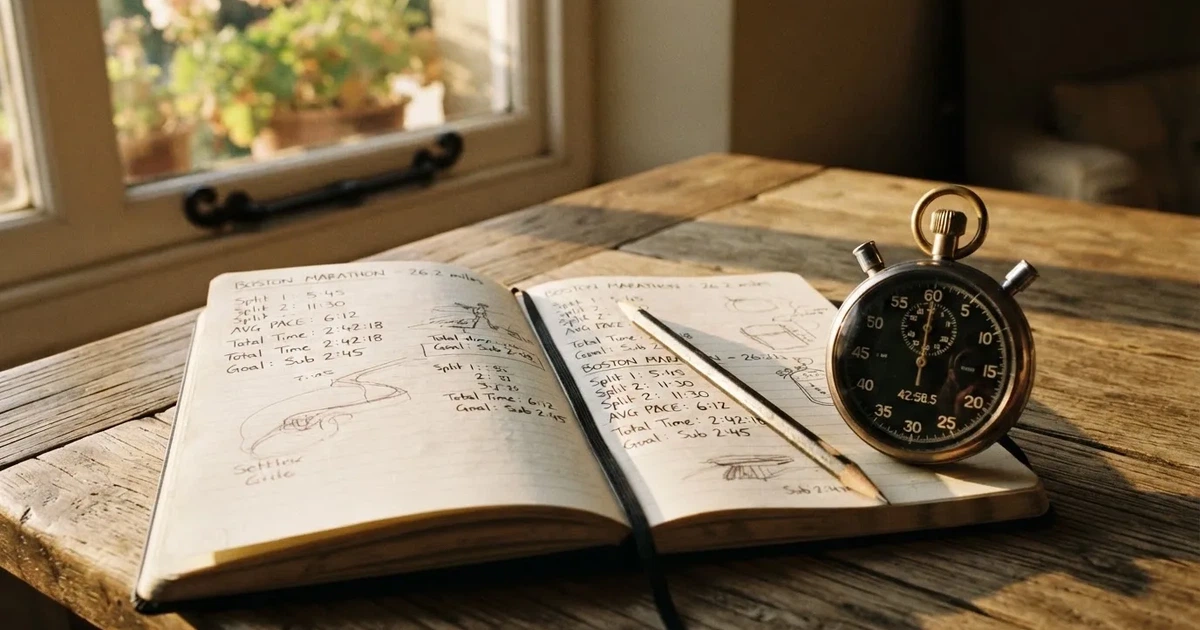 An open notebook with a pencil and a stopwatch on a wooden table