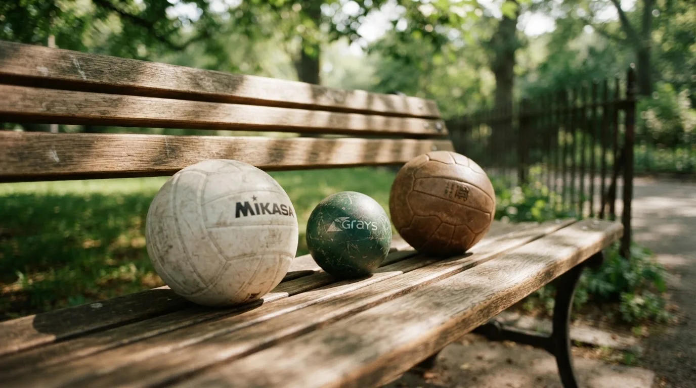 Three balls of different kinds side by side on a wooden bench