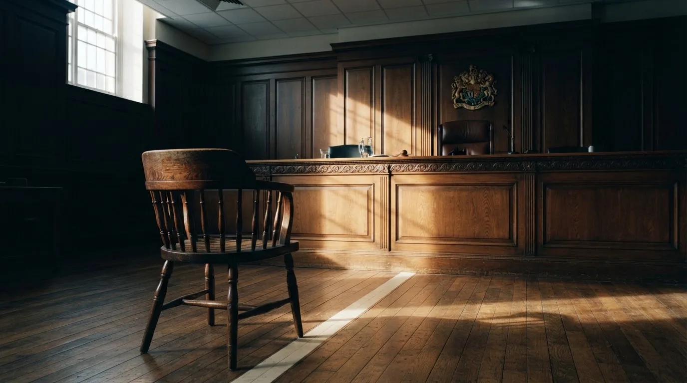 An empty courtroom with wooden benches in morning light