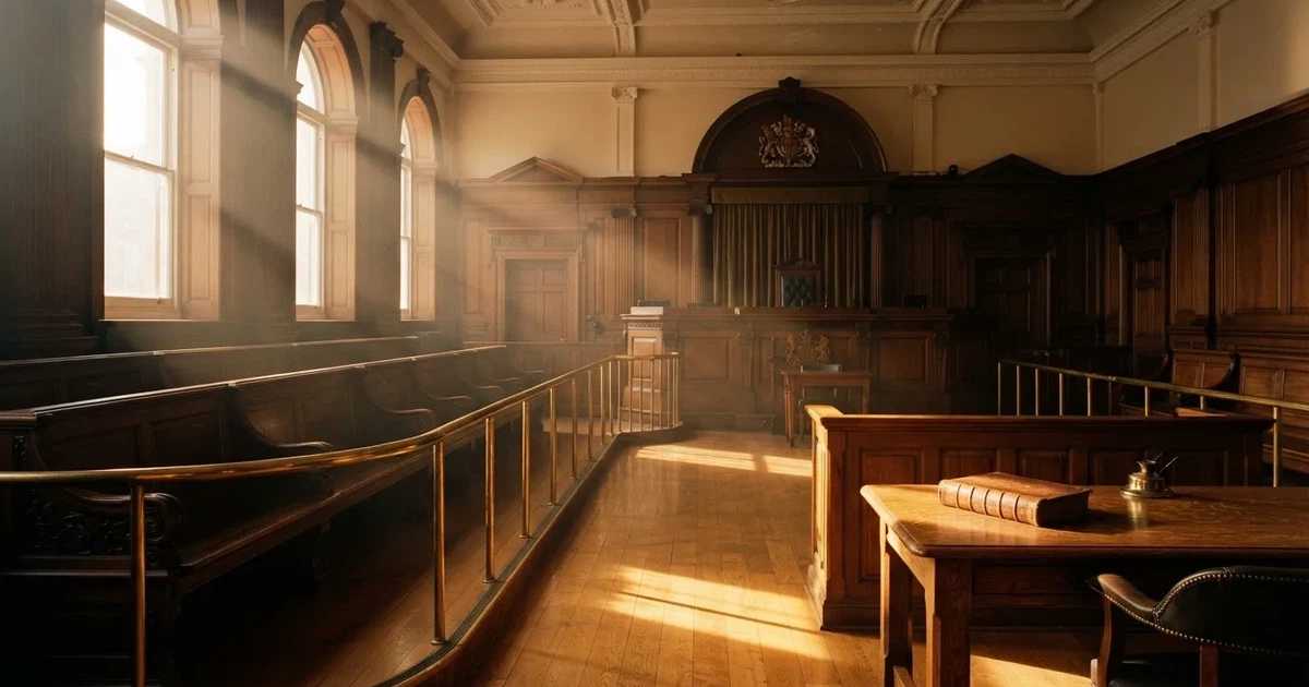 An empty courtroom with wooden benches in morning light