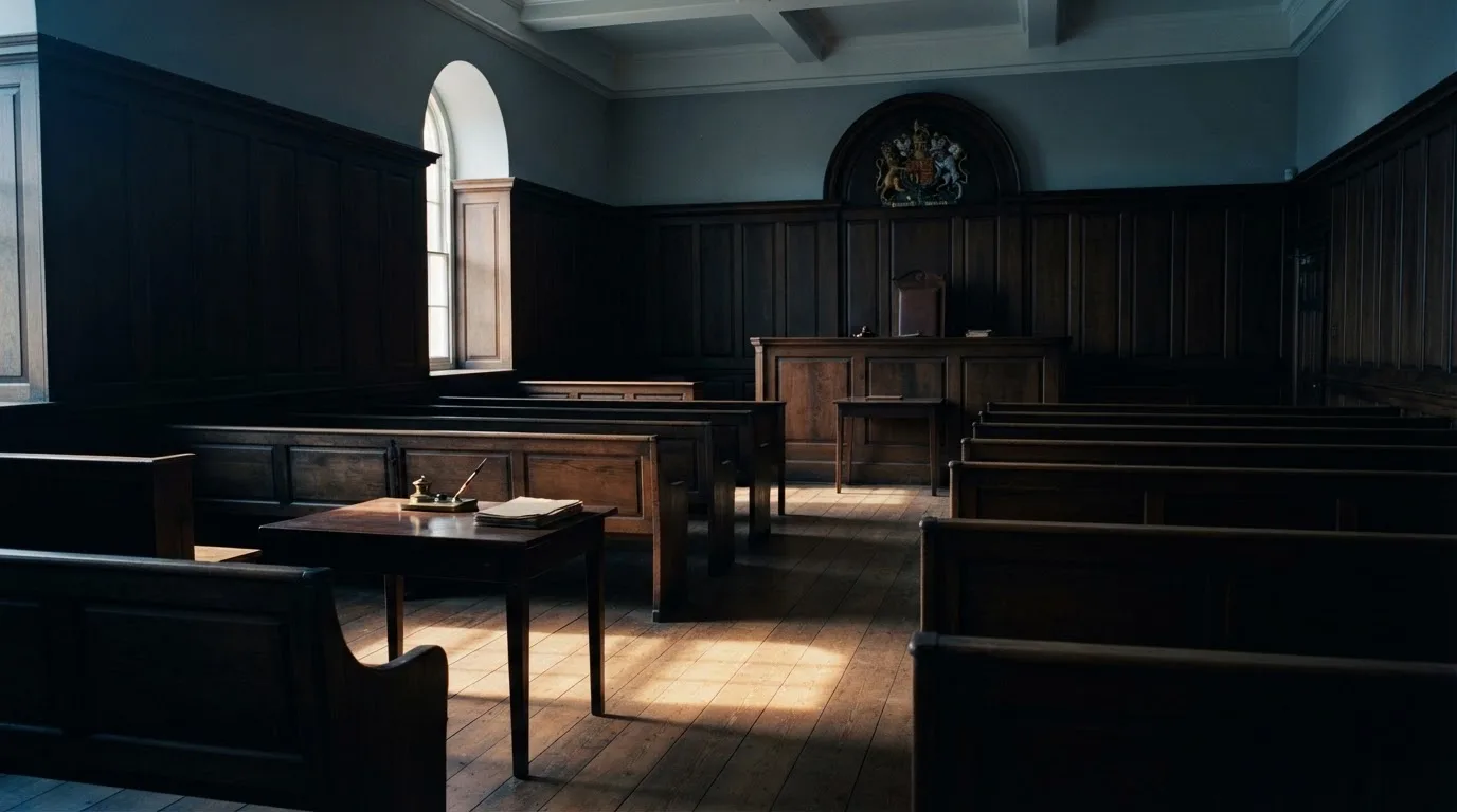 An empty courtroom with wooden benches in morning light