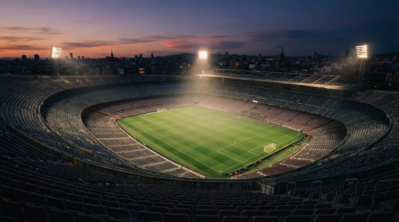 An empty football stadium with floodlight masts at dusk