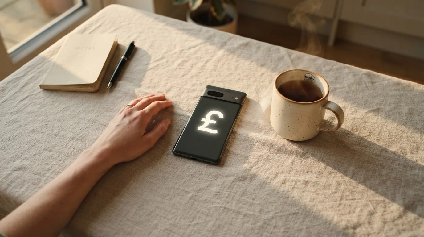 A hand setting a smartphone down beside a cup of tea on a kitchen table on a quiet evening