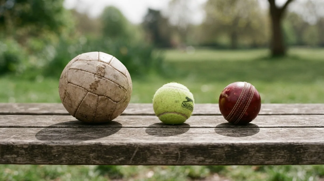 Three balls of different kinds side by side on a wooden bench