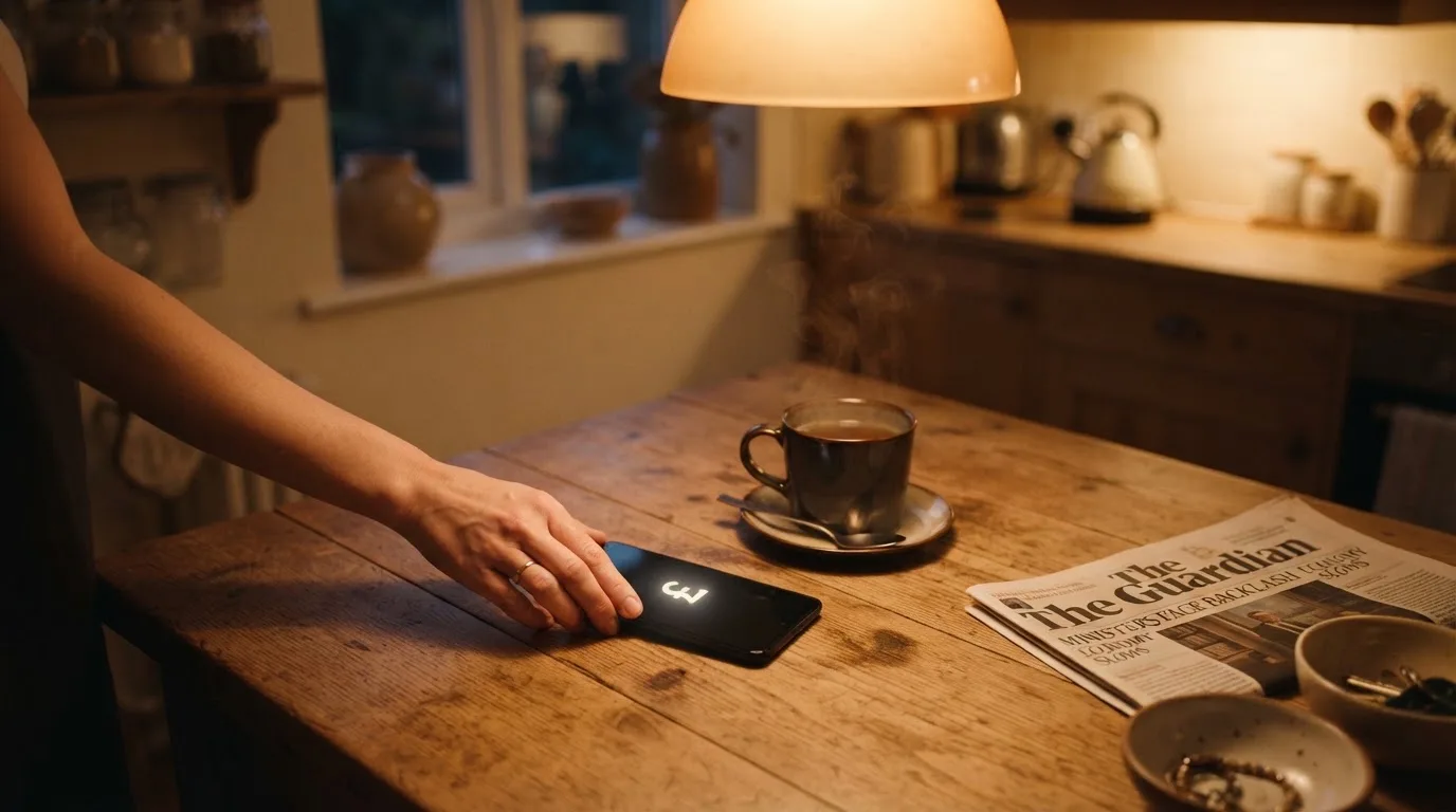 A hand setting a smartphone down beside a cup of tea on a kitchen table on a quiet evening