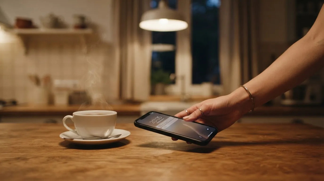 A hand setting a smartphone down beside a cup of tea on a kitchen table on a quiet evening